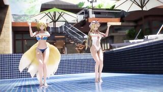 Zwei lustige japanische Mädchen tanzen am Boden eines leeren Pools